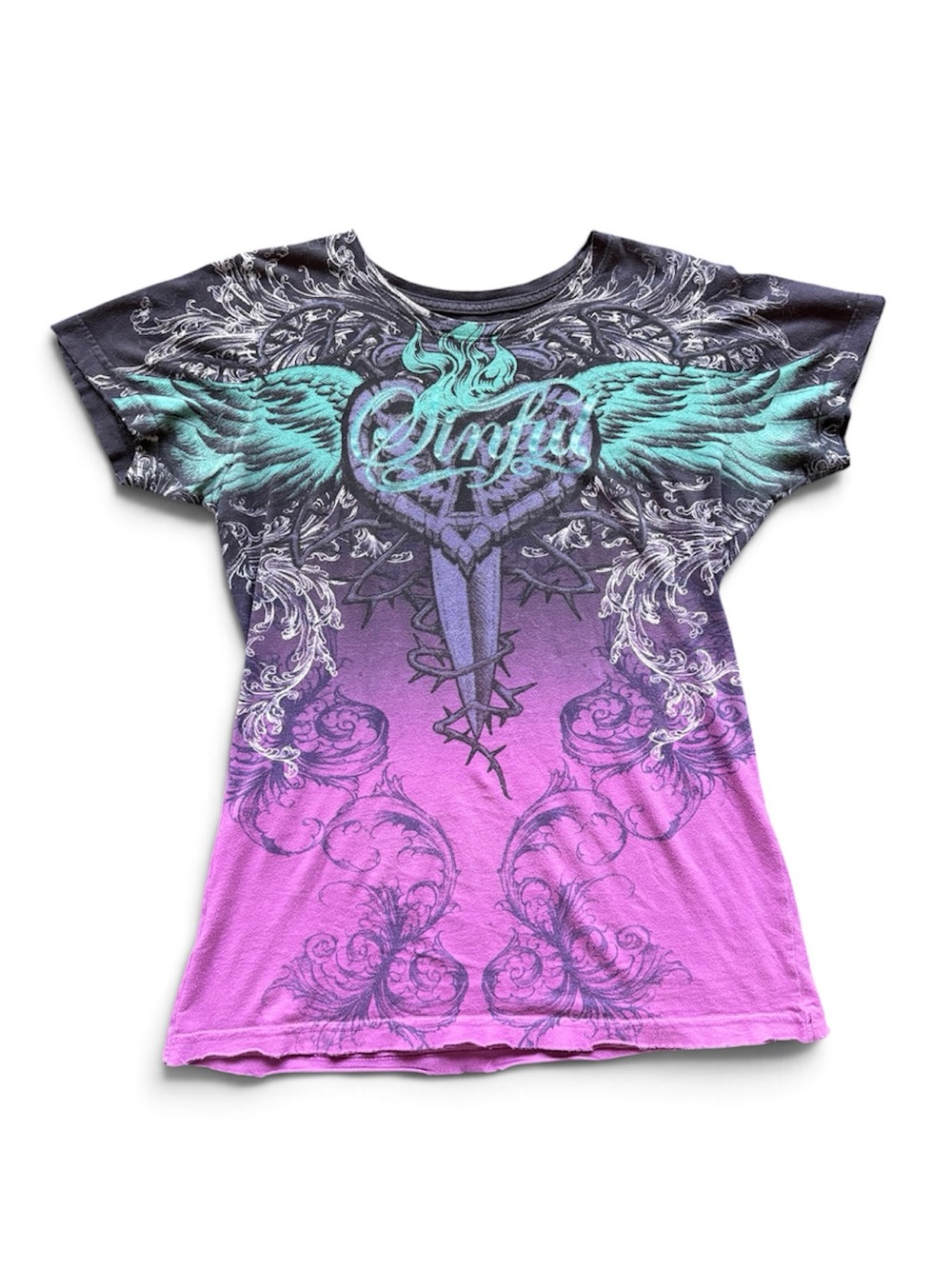 Sinful Woman’s Large Y2K Angel Wing Ombre Purple & Teal Graphic Short Sleeve Tee